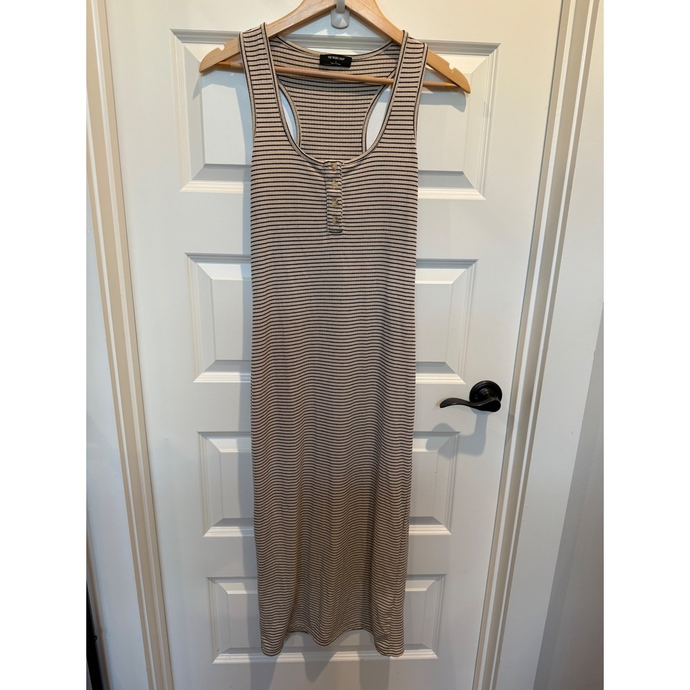 THE WORK SHOP Women Beige Black Striped Henley Racerback Ribbed Maxi Dress L
